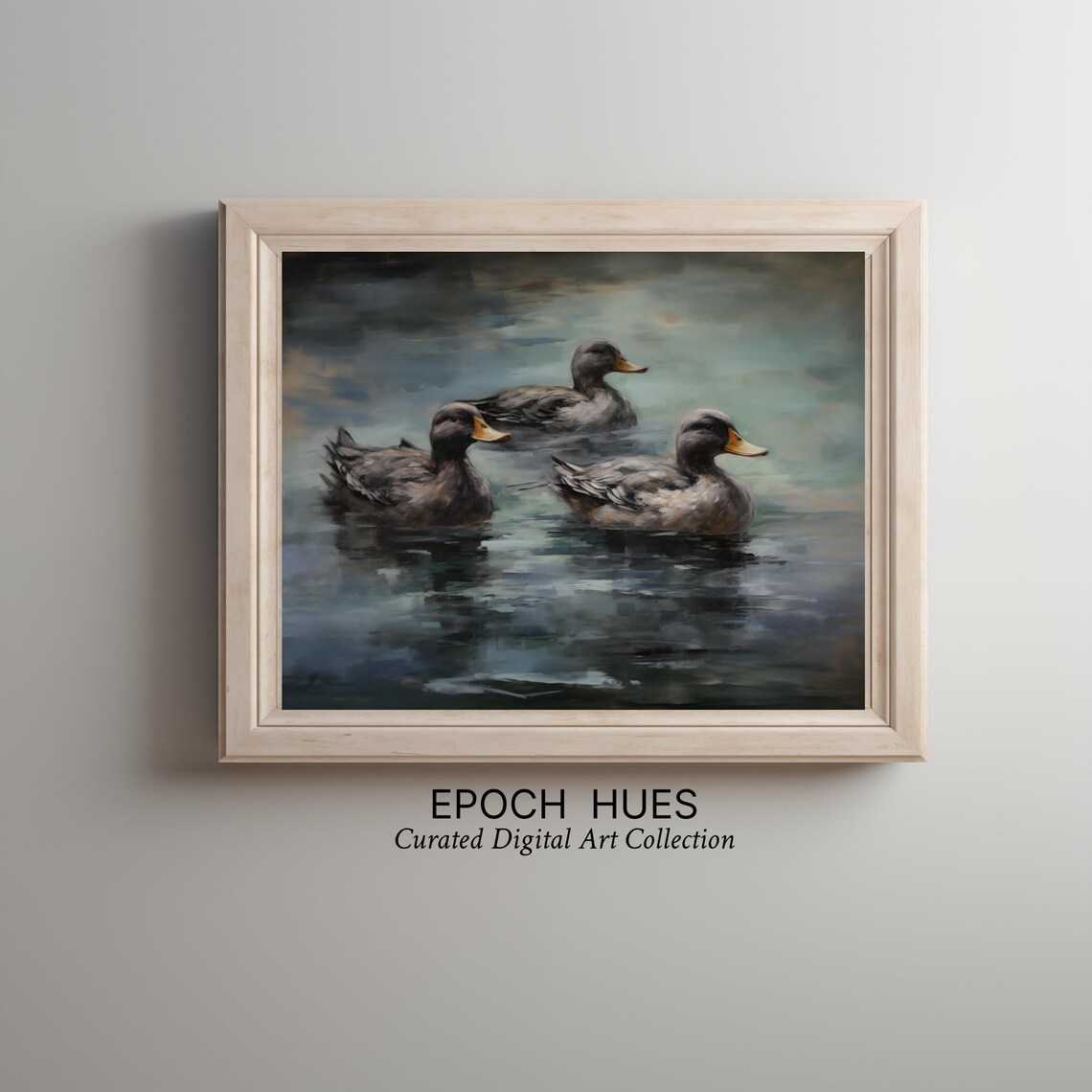 Three Ducks Swimming on Dark Water Moody Wildlife Painting Poster - Image 2