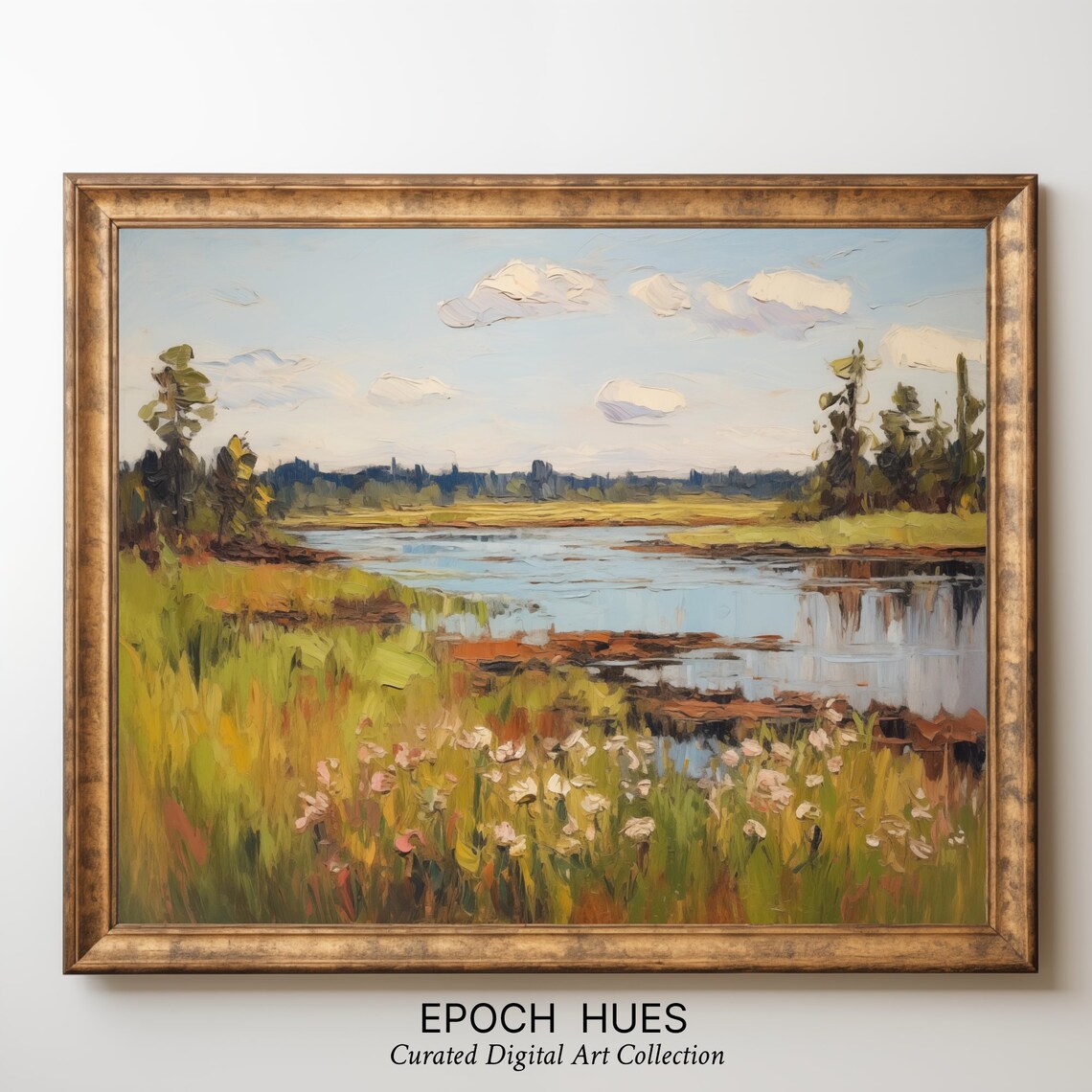 Impressionist Landscape, Serene River And Flower Fields - Image 3