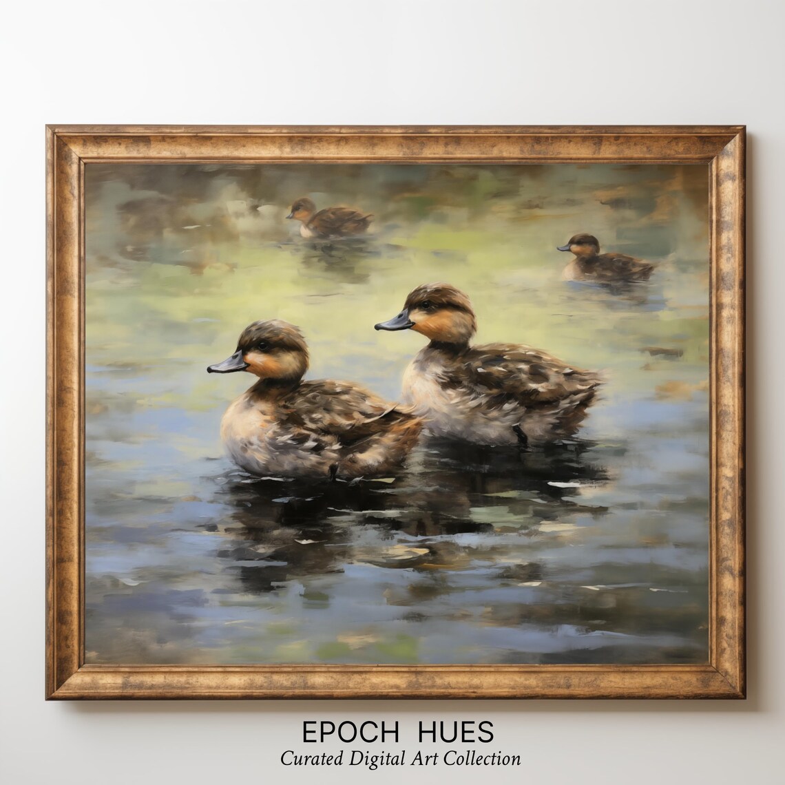 Four Ducks Gliding Across Calm Pond Soft Wildlife Painting Poster