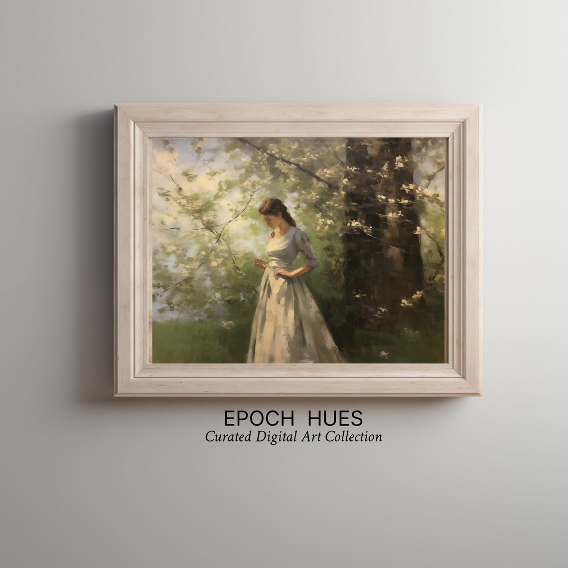 Elegant Woman Cream Gown Spring Woods Blossoms Painting Wall Art - Image 2