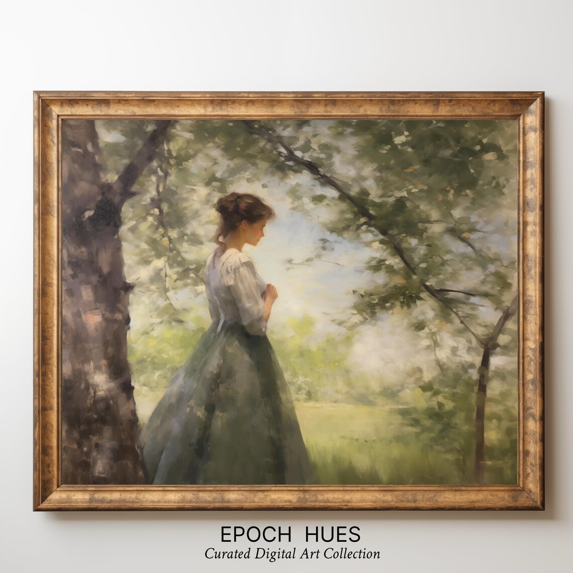 Elegant Lady In Green Skirt Pastoral Woodland Garden Painting Poster - Image 3