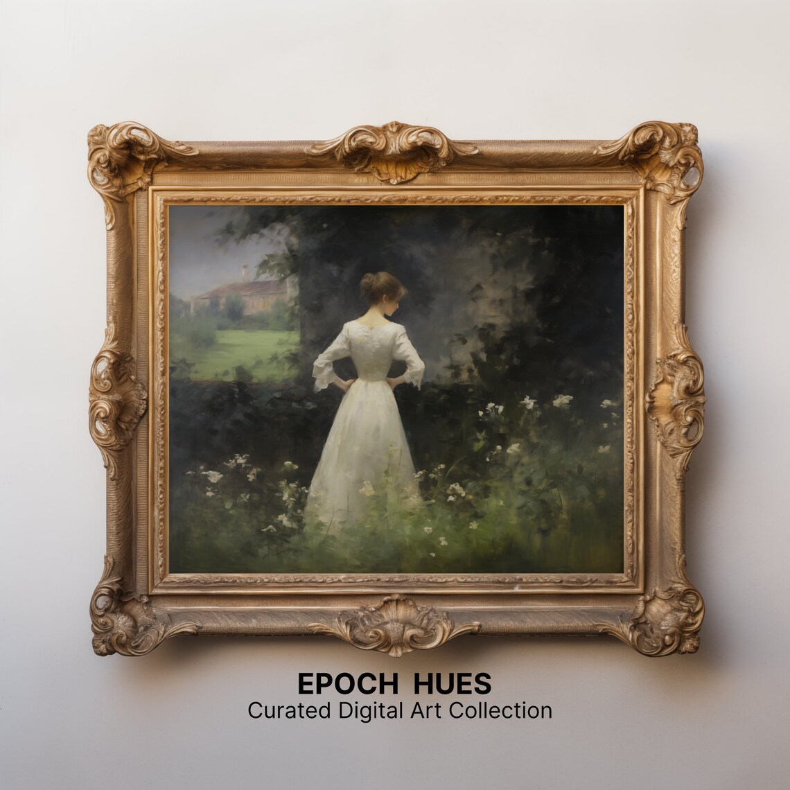 White Gown Woman Dark Foliage Moonlit Night Garden Painting Poster - Image 3