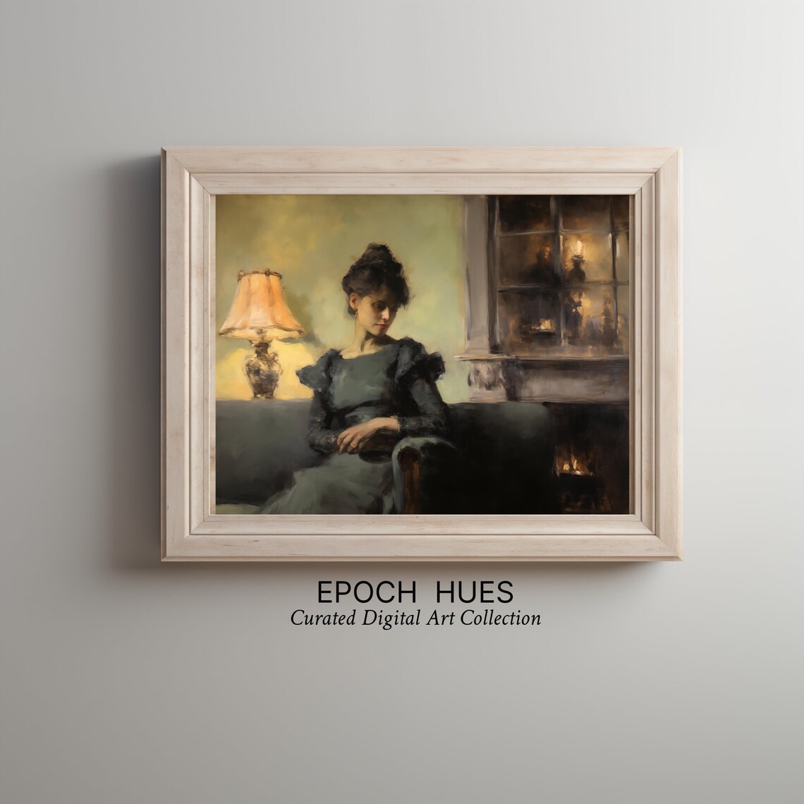 Woman By A Lamplit Fireplace Moody Vintage Interior Art Poster - Image 2