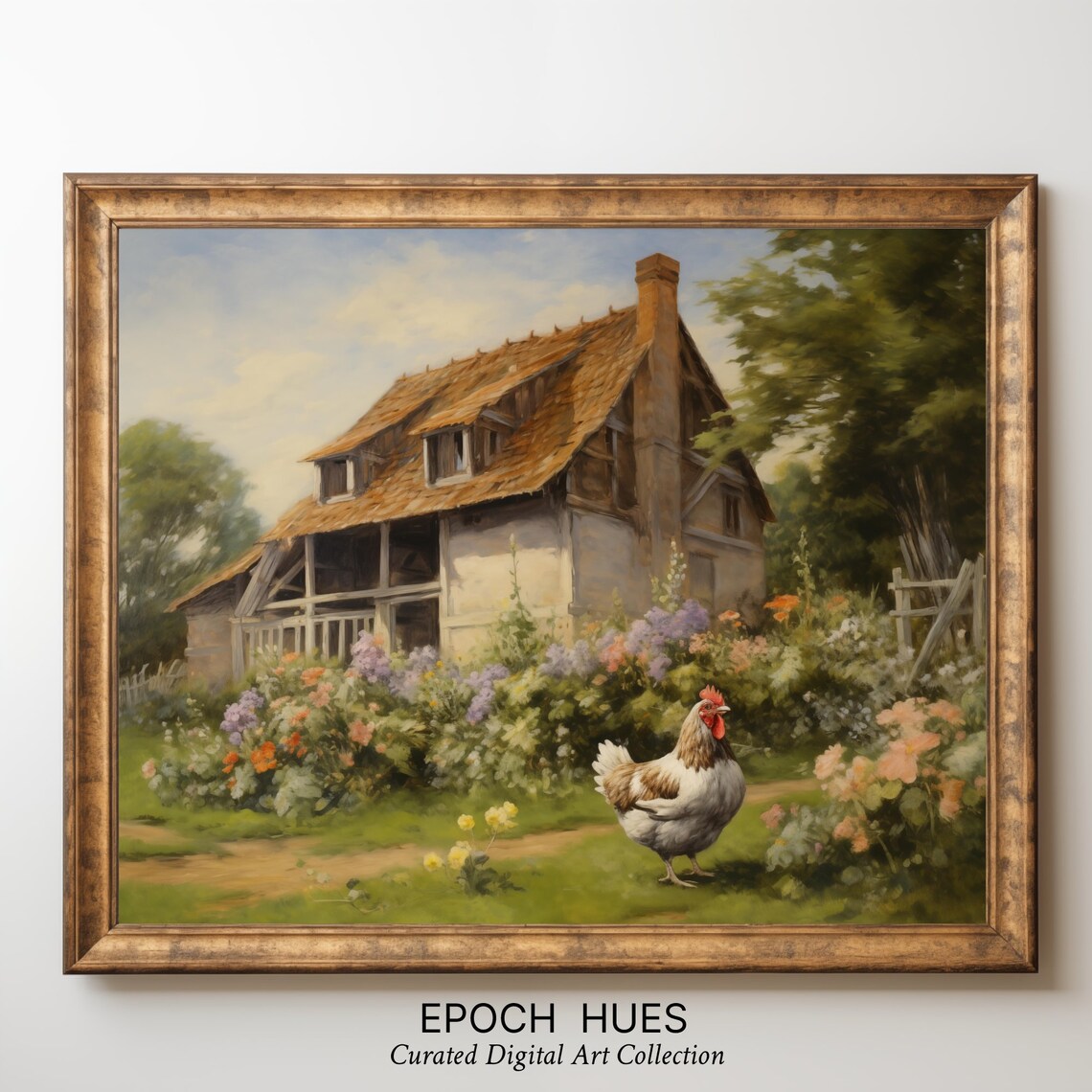 White Hen before Stone Cottage Flower Garden Farmhouse Poster - Image 3