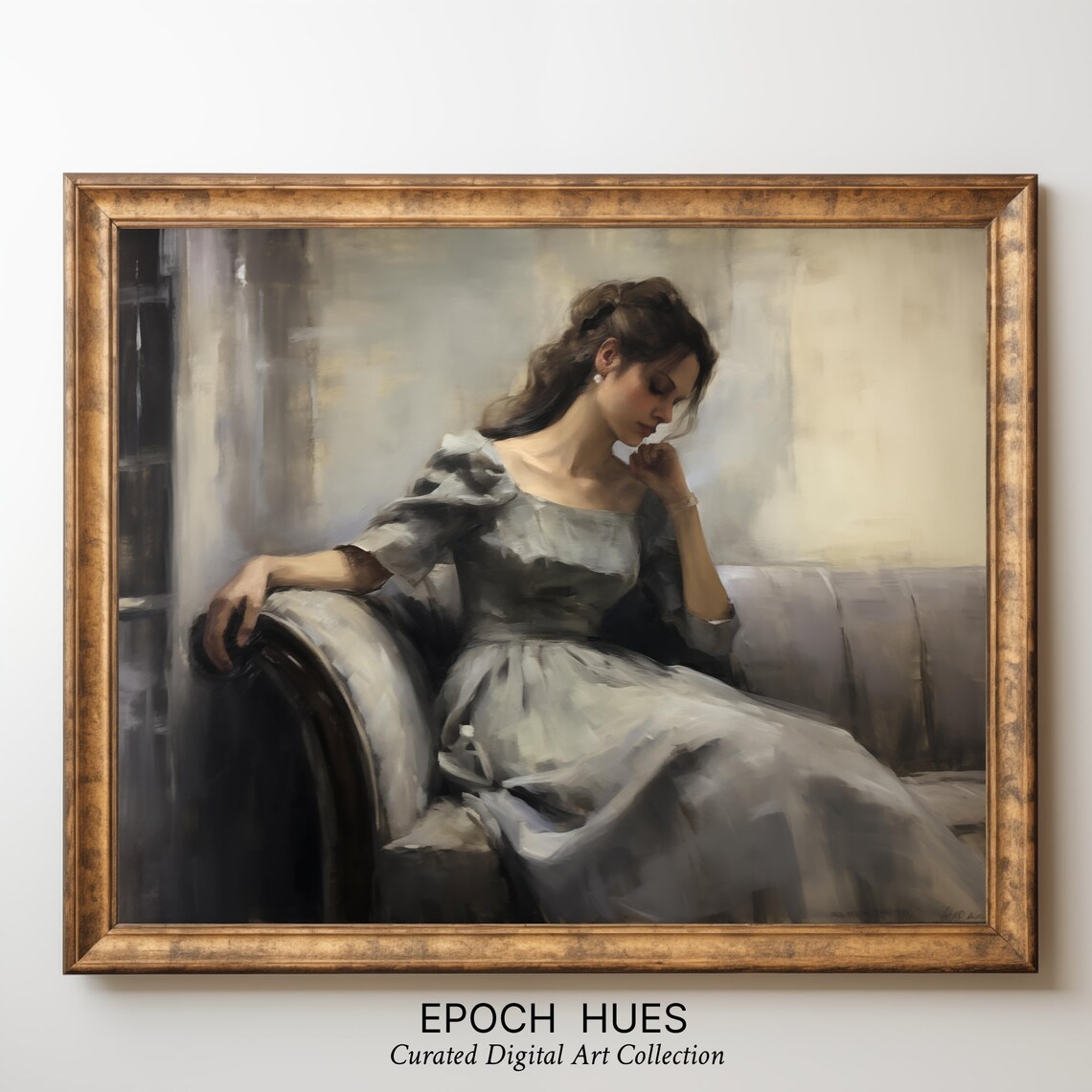 Elegant Woman in Gray Gown Reclining Oil Painting Vintage Style Poster