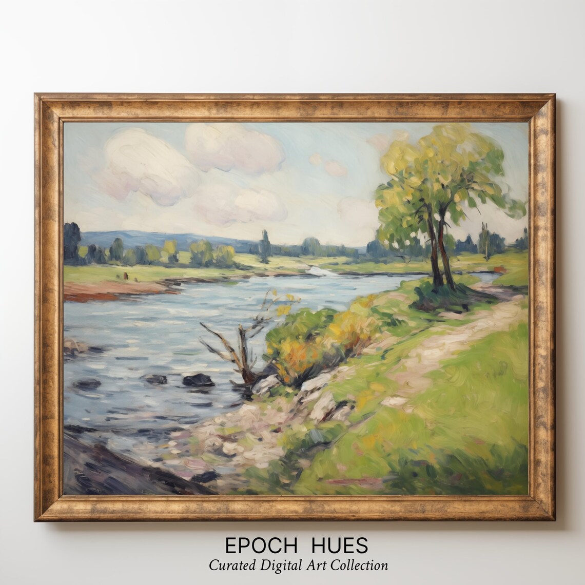 Impressionist River and Trees Art Print, Scenic Landscape