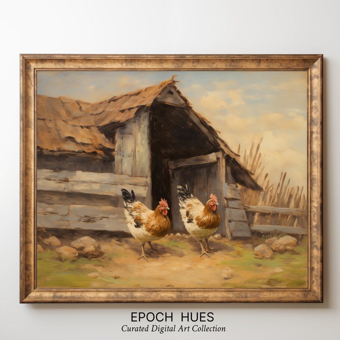 Two Chickens By A Rustic Wooden Coop Farmhouse Country Poster