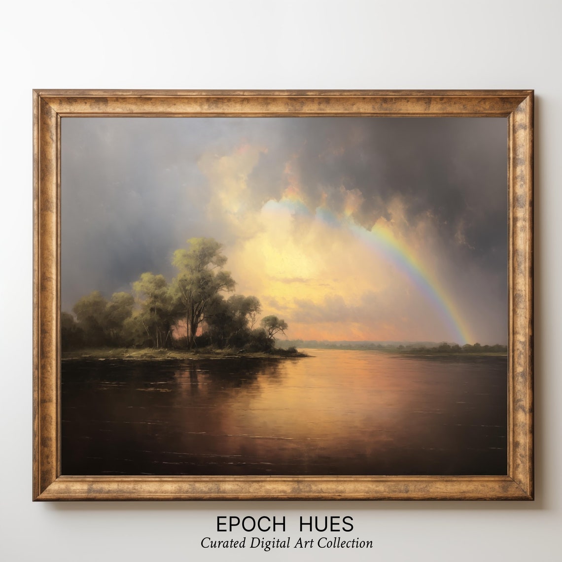 Rainbow Arch Over Quiet River Sunset Landscape Painting Poster