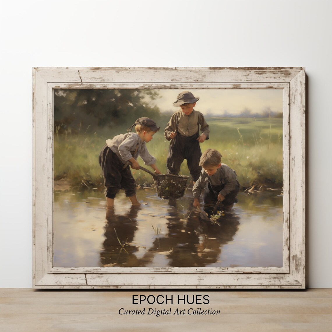 Three Boys Fishing With Net in Shallow Stream Nostalgic Art Poster