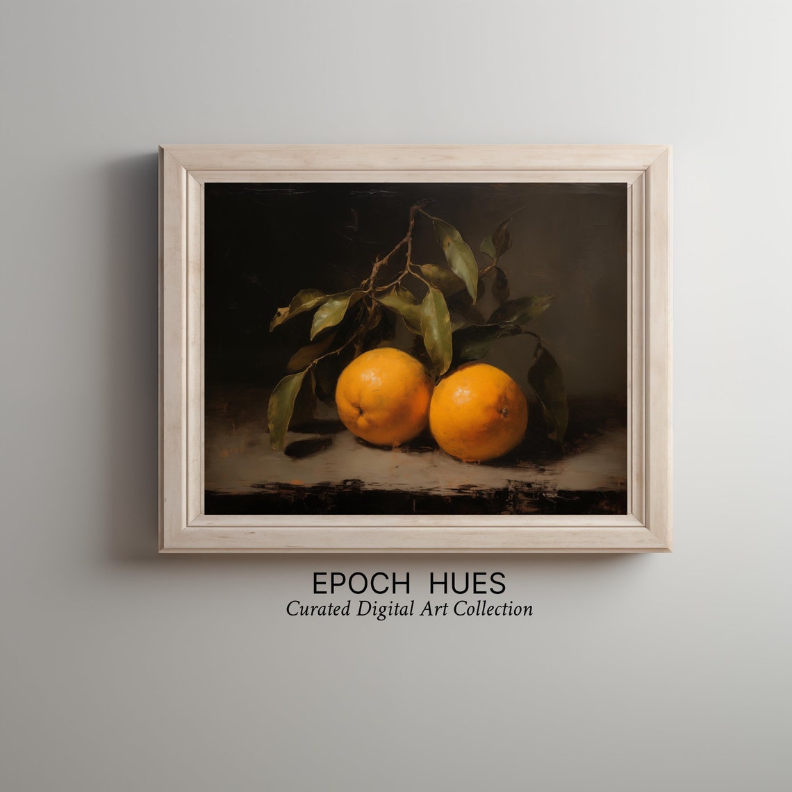Two Ripe Oranges on Branch Moody Dark Kitchen Still Life Poster - Image 2