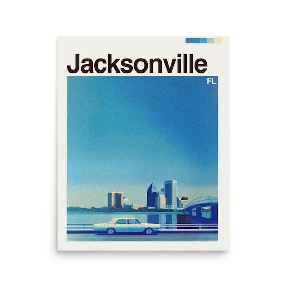 Jacksonville Florida Retro Skyline Vintage Car Bridge Art Poster