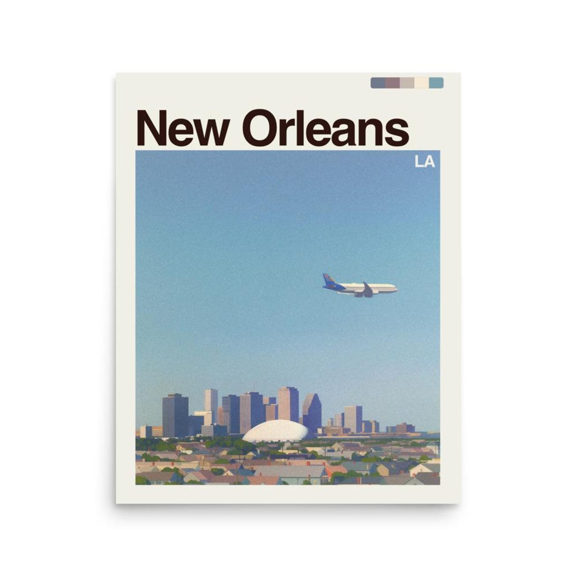 New Orleans LA Daytime Skyline with Superdome and Airplane Poster