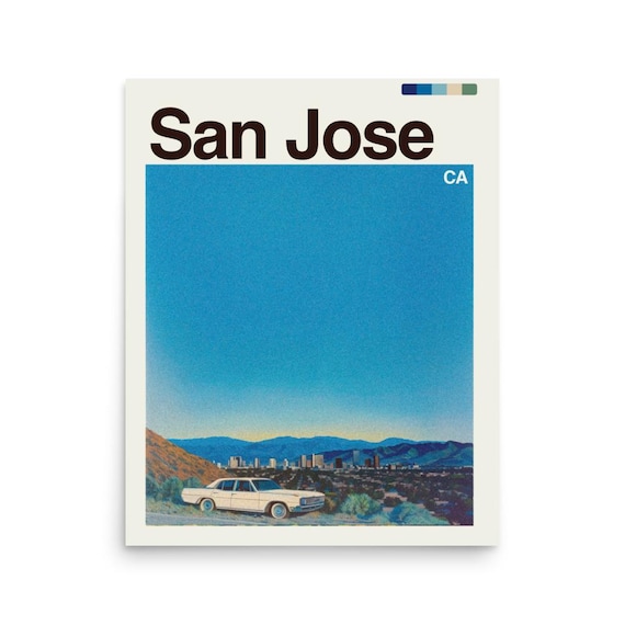 San Jose California Hillside Cityscape White Classic Car Retro Travel Poster