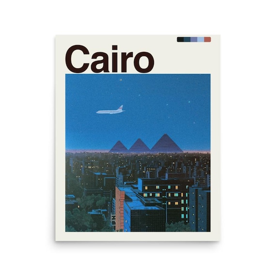 Cairo Egypt Night City Pyramids Airplane Retro Urban Travel Poster