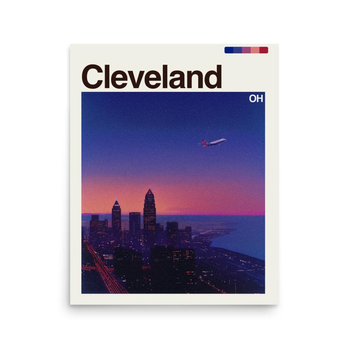 Cleveland Ohio Night Skyline Sunset Retro Travel City Poster Art