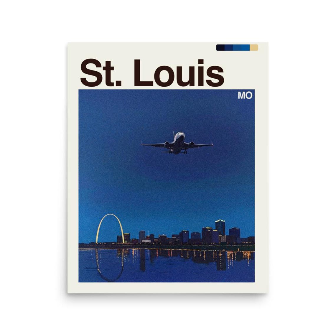 St. Louis MO Night Skyline with Gateway Arch and Airplane Poster