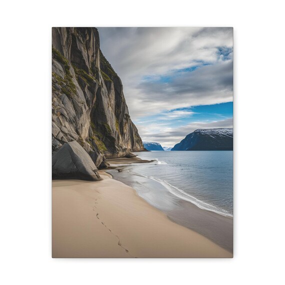 Dramatic Rocky Coastline Sandy Beach Cliffs Moody Sea Scenic Poster