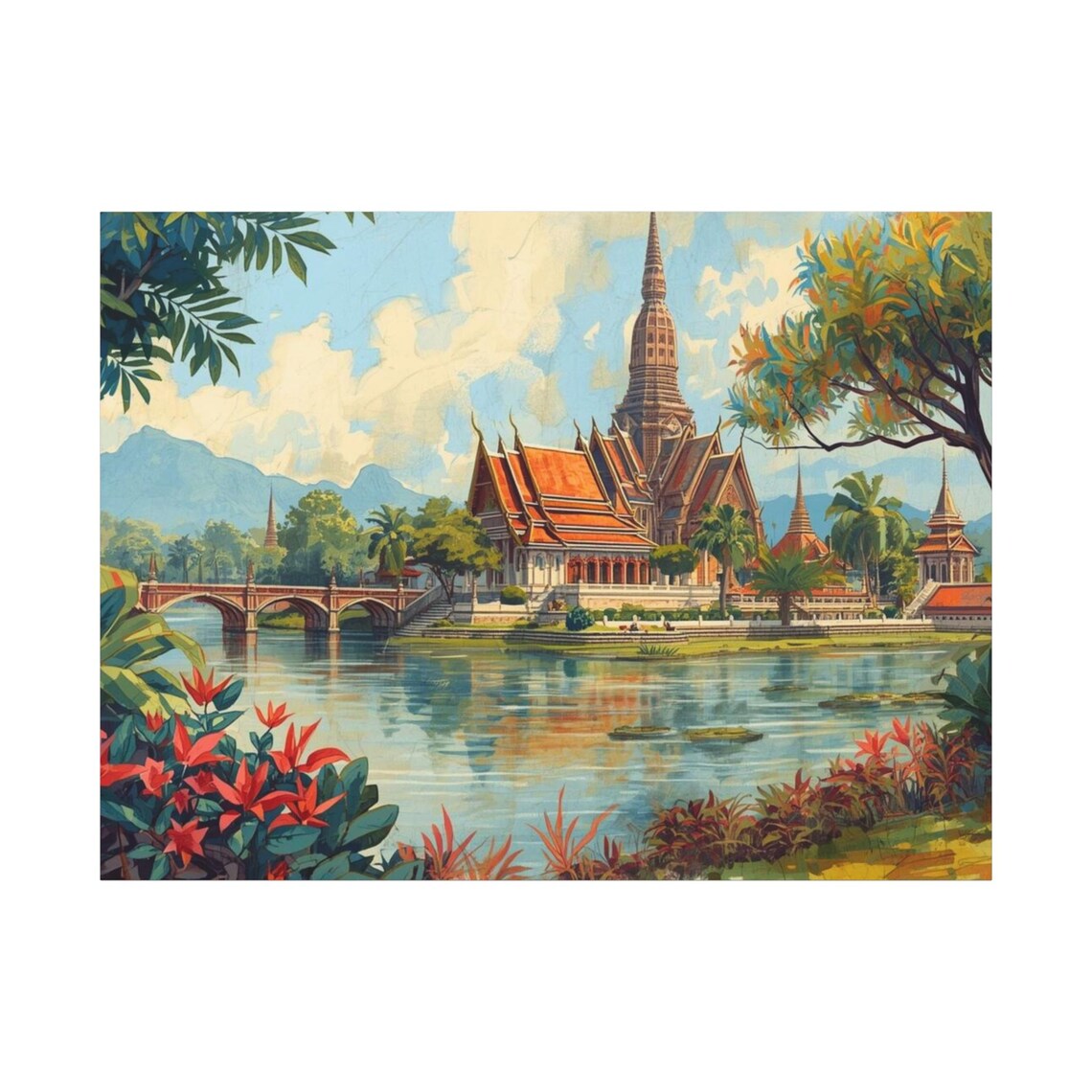Thai Temple Lakeside Golden Chedi Tropical Garden Art Poster