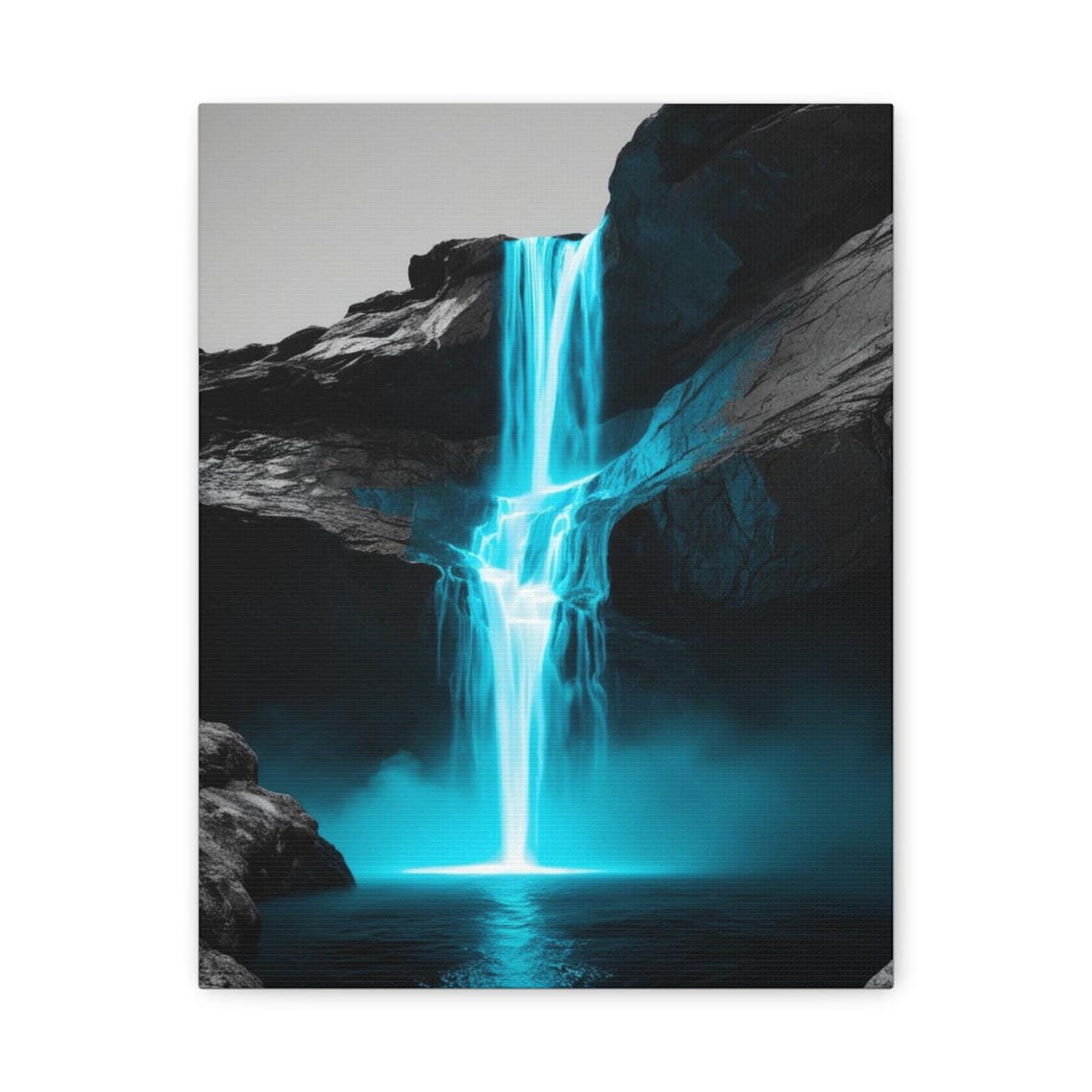 Glowing Turquoise Waterfall Dark Rocky Cliffs Surreal Poster