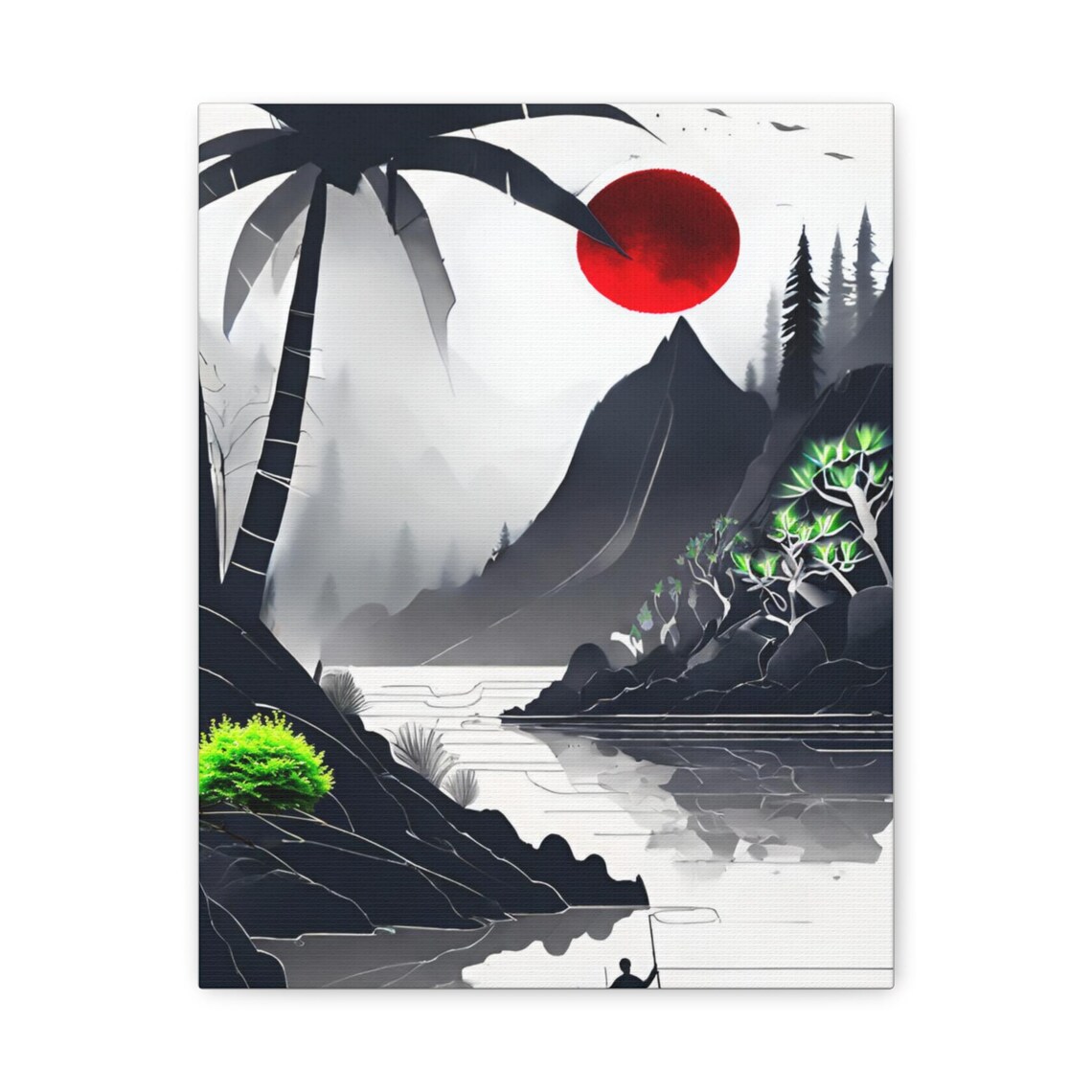 Black Ink Tropical Landscape with Red Sun Palm and Fisherman Poster