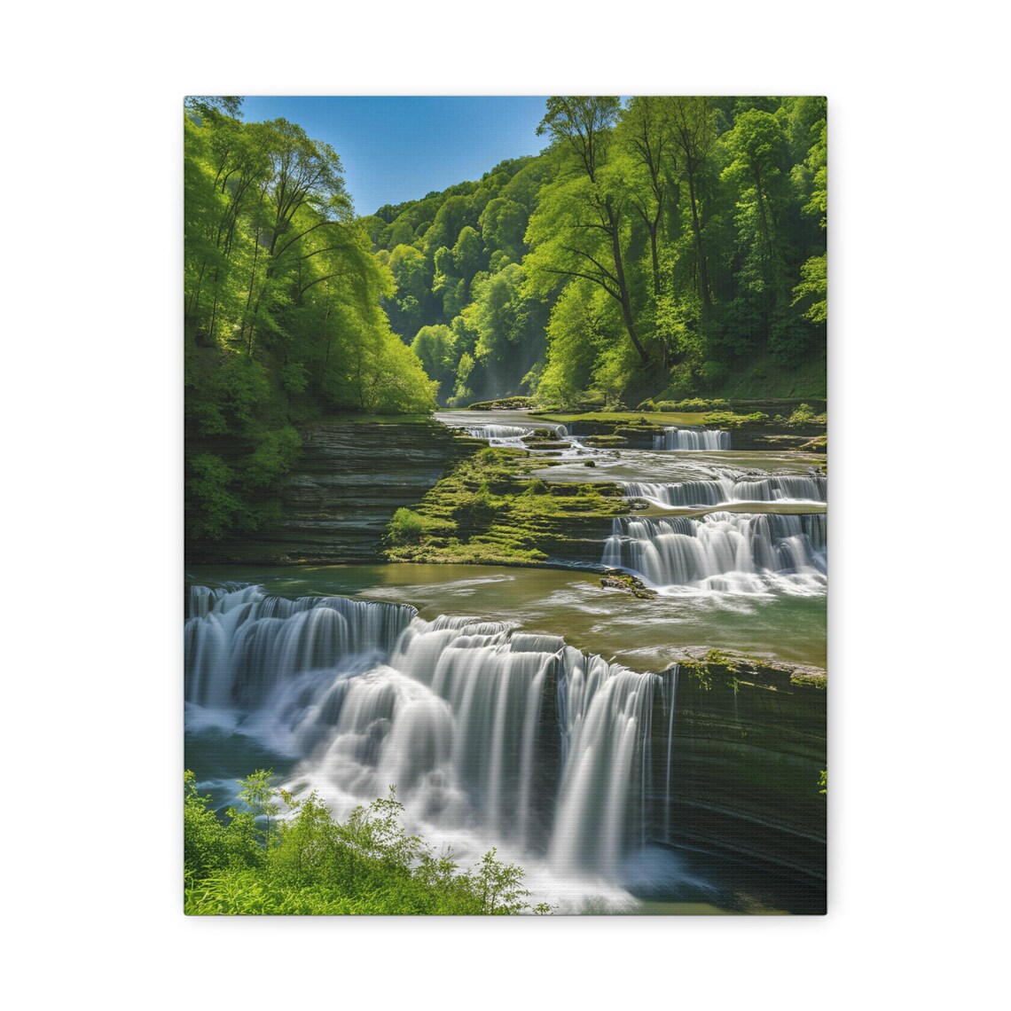 Tiered Waterfall Lush Green Forest Cascading River Nature Poster