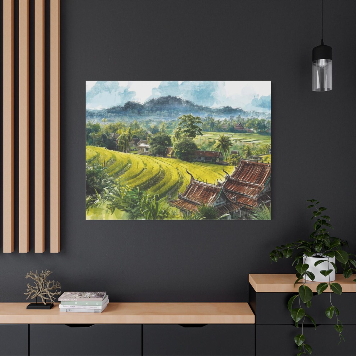 Green Rice Terrace Fields Watercolor Thai Temple Village Poster
