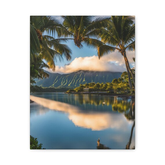 Tropical Palm Lagoon Misty Mountains Sunrise Water Reflection Poster