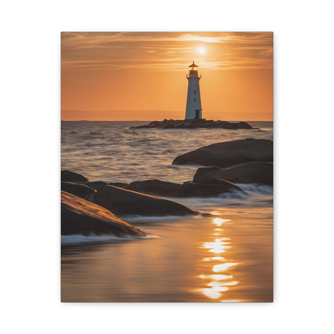 White Lighthouse on Rocky Island Glowing at Golden Sunset Art Poster