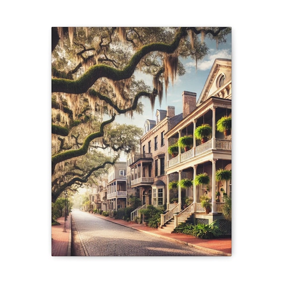 Historic Southern Street With Moss Draped Live Oaks Canvas Poster
