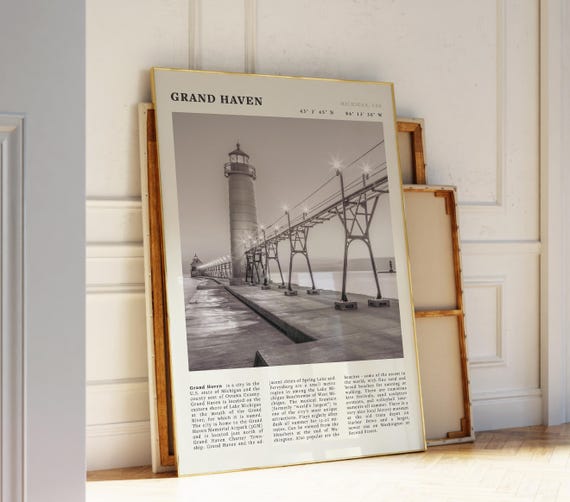 Grand Black White Poster Vintage Lake Michigan Print Ideal Gift For Lighthouse Lovers