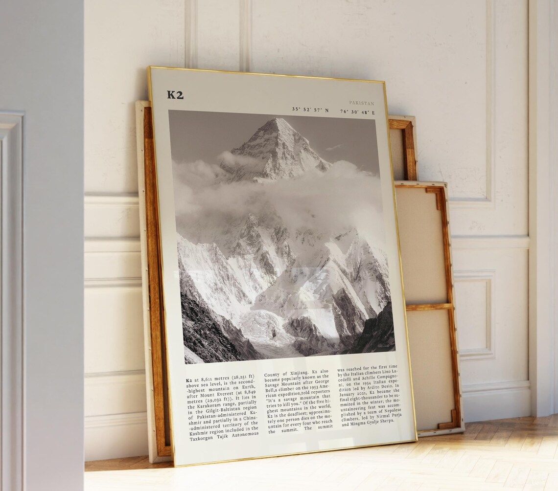 K2 Mountain Pakistan Karakoram Black White Summit Photography Poster