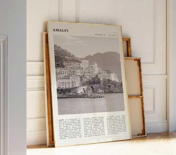 Amalfi Italy Black White Coastal Town Travel Poster with Map Coordinates