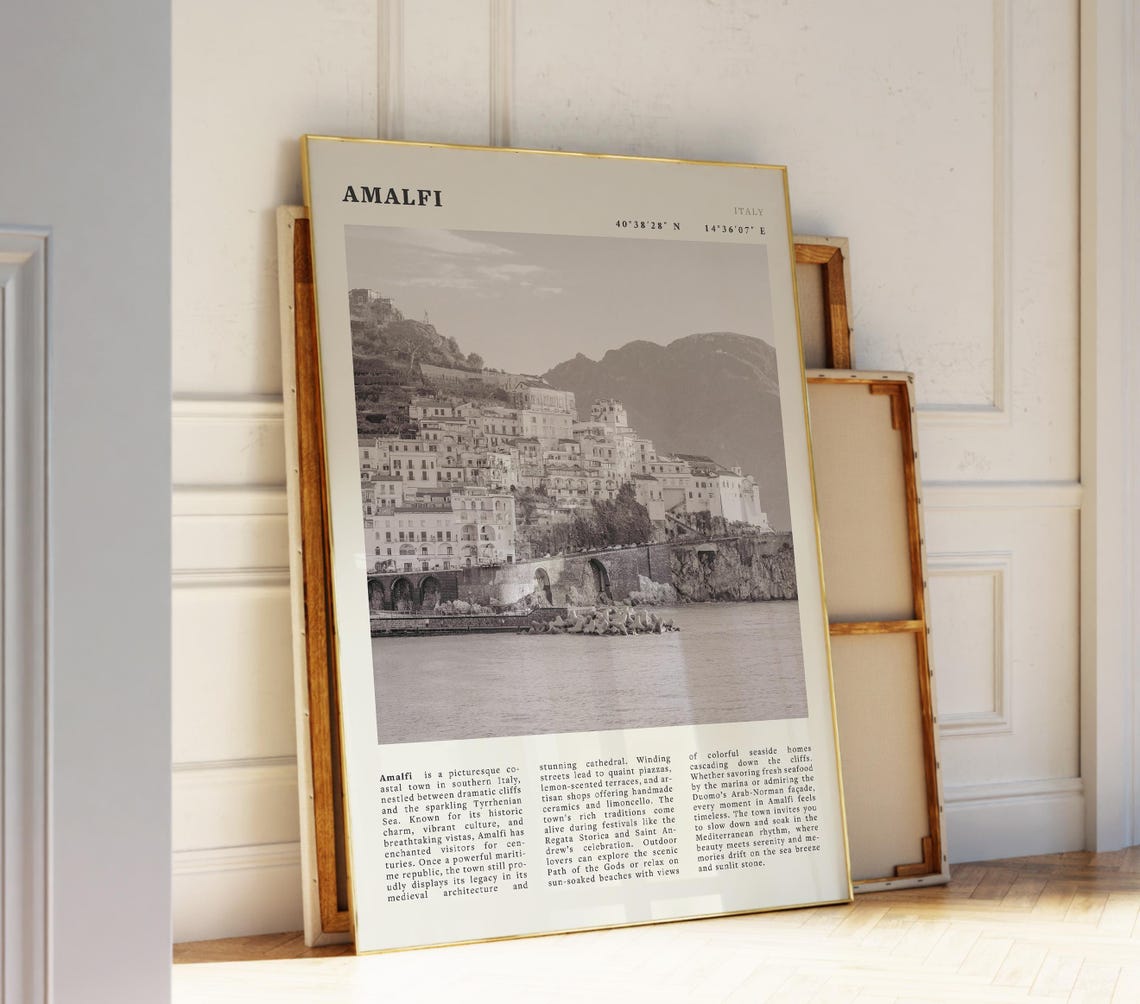 Amalfi Black White Poster Vintage Italy Coast Print Ideal Gift For Travel Lovers