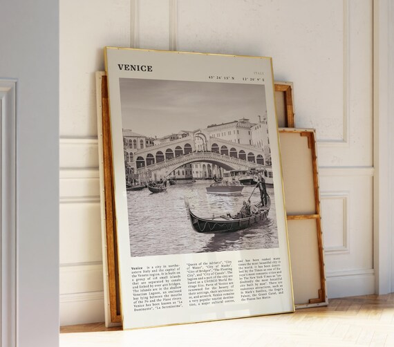 Venice Italy Rialto Bridge Vintage Black White Canal Travel Poster