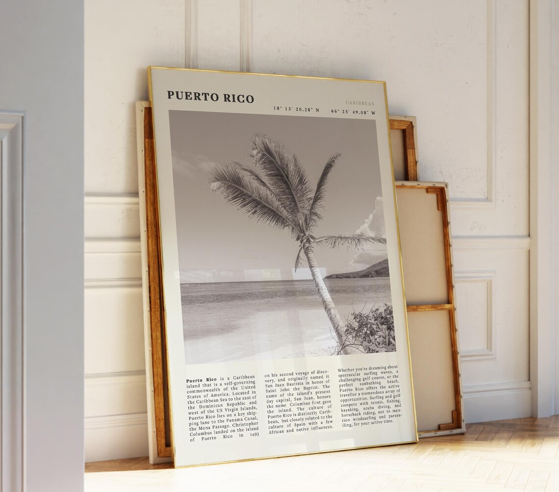 Puerto Rico Palm Tree Beach Black and White Caribbean Travel Poster