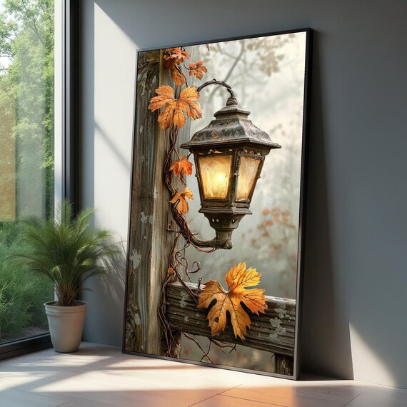 Rustic Autumn Lantern Canvas Vintage Outdoor Lamp Wall Art Fall Leaves Print Cozy Seasonal Home Decor Nature Inspired