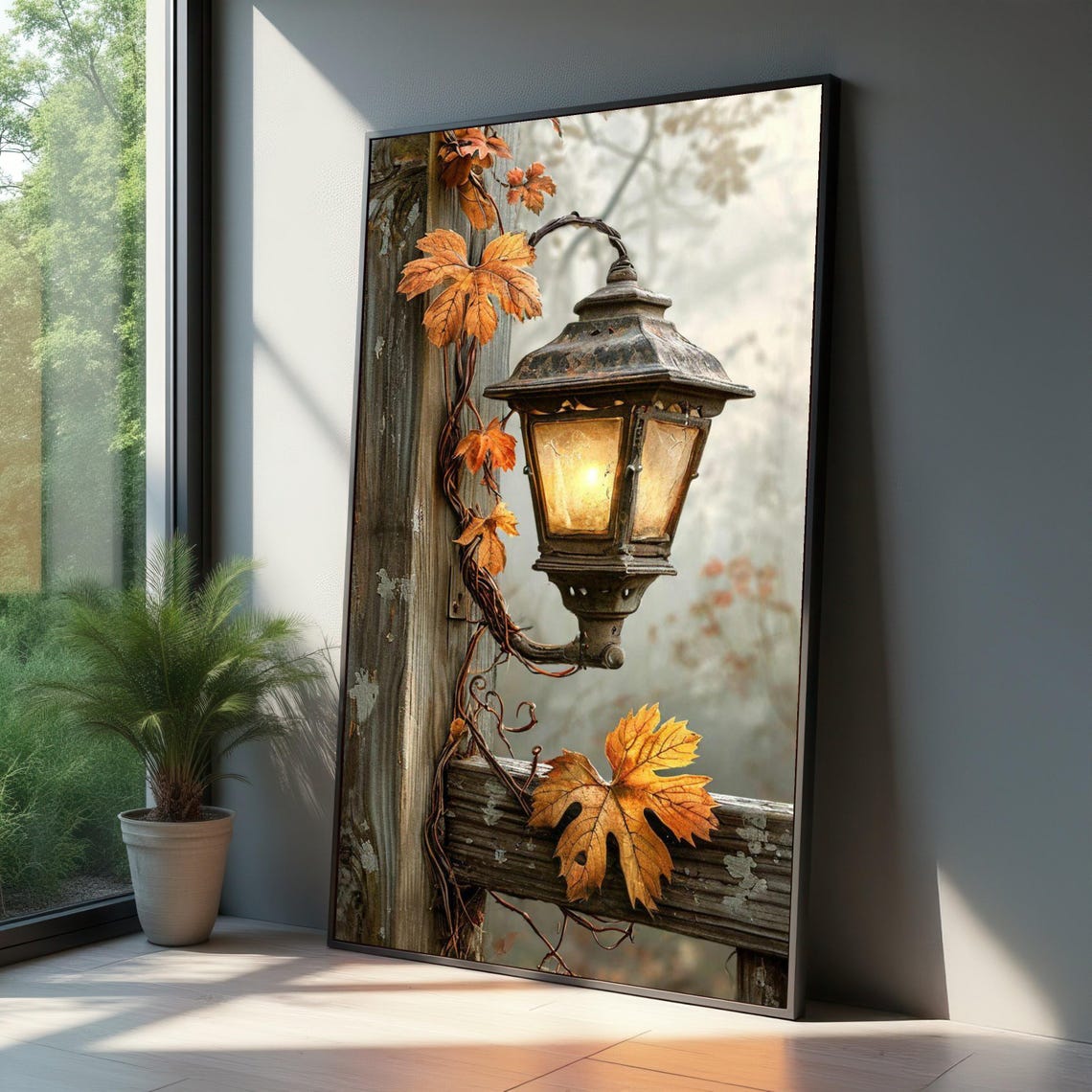 Old Rustic Autumn Lantern Glowing Light Fall Leaves Wall Art