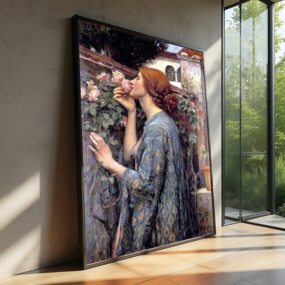 Woman Smelling Roses Canvas Romantic Floral Wall Art Vintage Garden Scene Elegant Botanical Classic Home Decoration