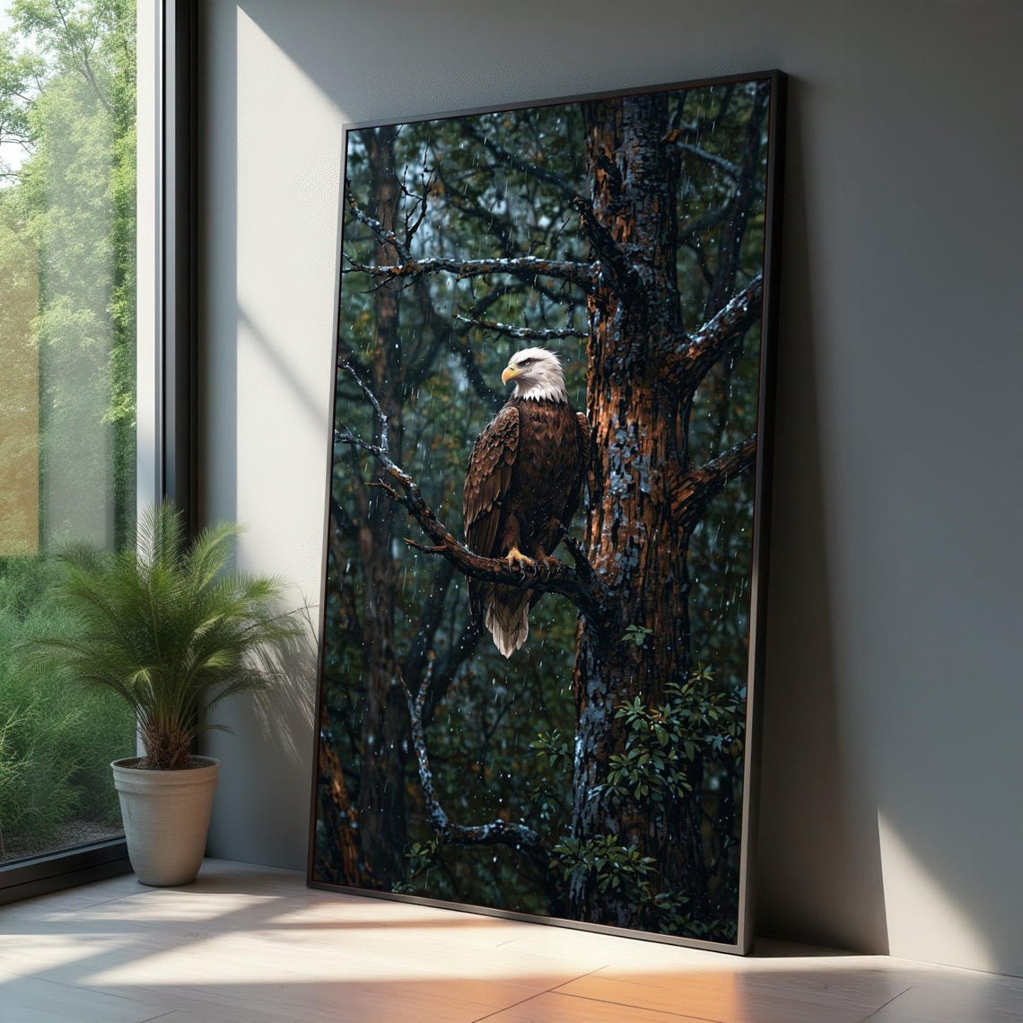 Bald Eagle Perched On Rainy Forest Branch Dramatic Wildlife Poster