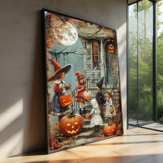 Vintage Halloween Night Canvas Children Trick Or Treating Wall Art Pumpkin Lanterns Spooky Fall Home Decor Witch Costume