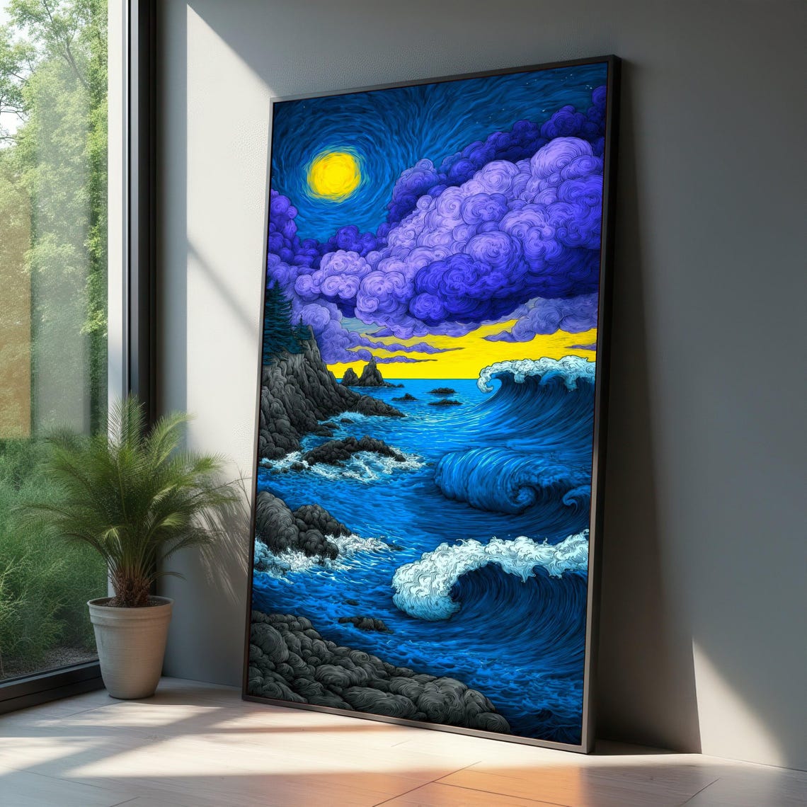 Vibrant Ocean Waves Purple Clouds Sunset Seascape Wall Poster