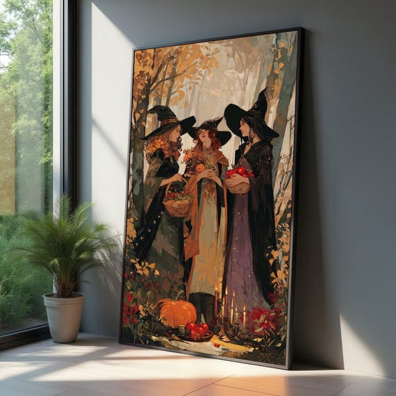 Autumn Witches Gathering Canvas Wall Art Halloween Decor Mystic Forest Scene Seasonal Harvest Illustration Witchcraft Theme