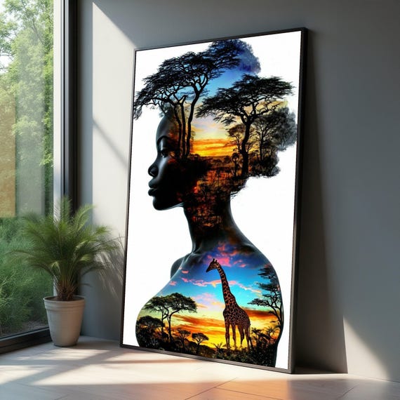 African Wildlife Silhouette Canvas Woman Profile With Sunset Safari Scene Giraffe And Acacia Trees Wall Art Nature Culture Decor