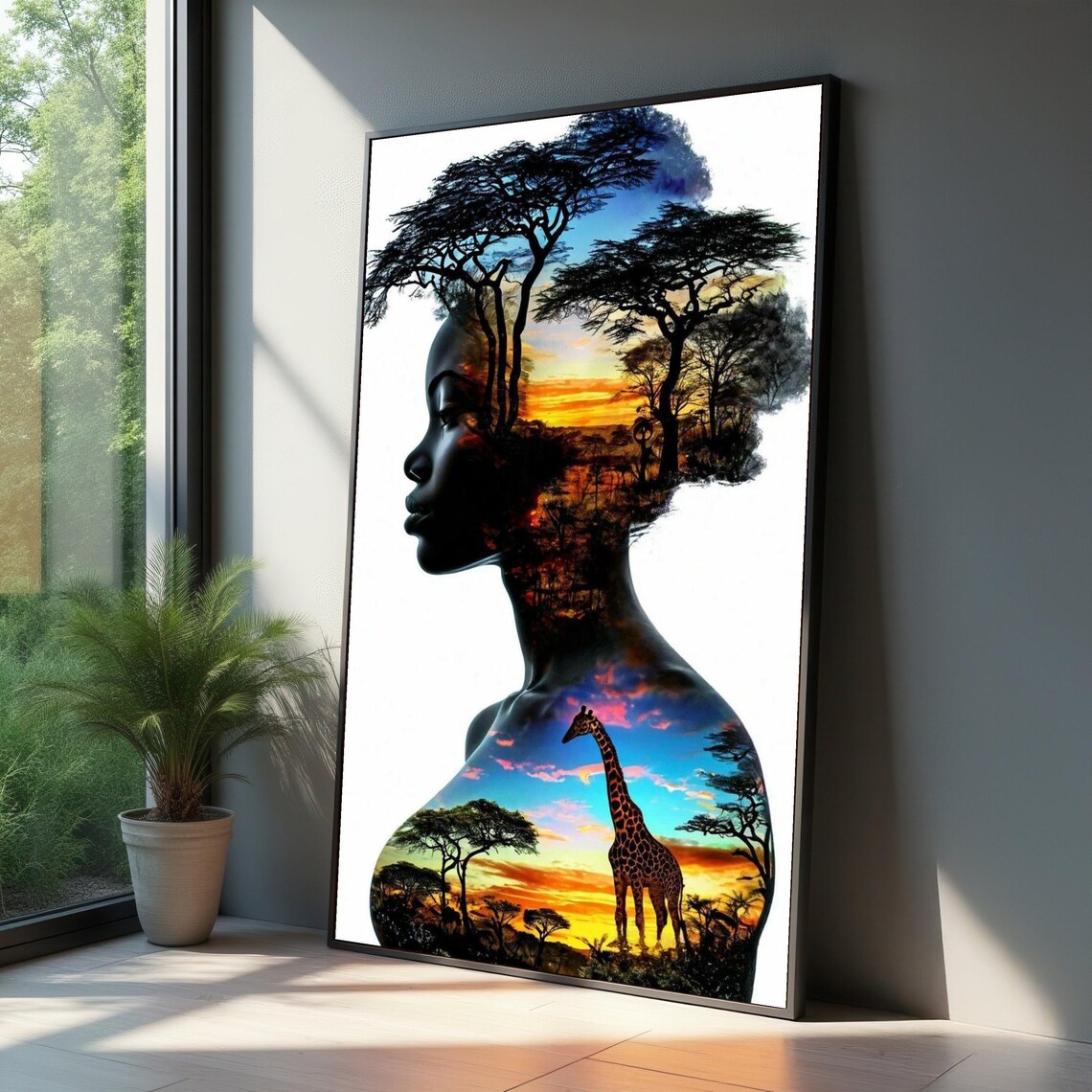 African Sunset Woman Profile Silhouette Double Exposure Art Poster