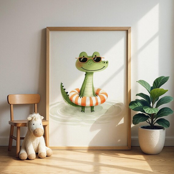 Alligator Wearing Sunglasses With Orange Swim Ring Pool Nursery Print