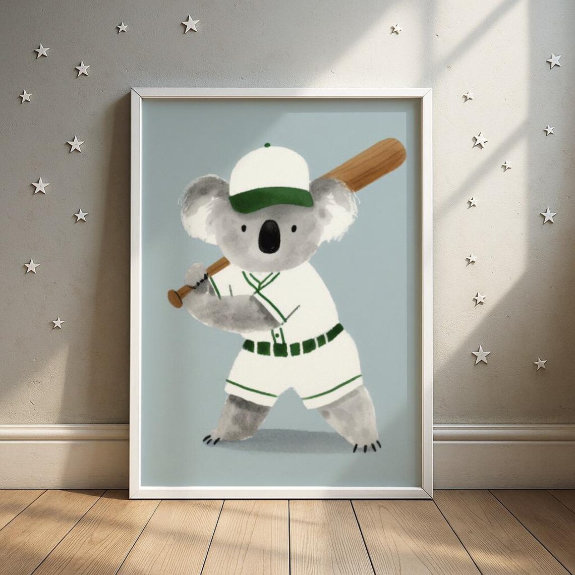 Koala Baseball Player Swinging Wooden Bat Nursery Sports Poster