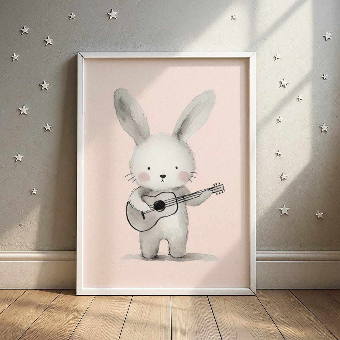 Guitarplaying Bunny Art Print Musical Rabbit Cub Illustration Nursery Music Room Decor