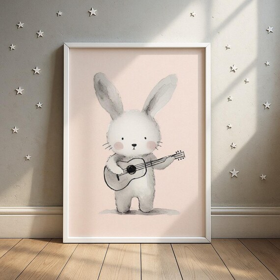 White Bunny Playing Acoustic Guitar Watercolor Music Room Poster