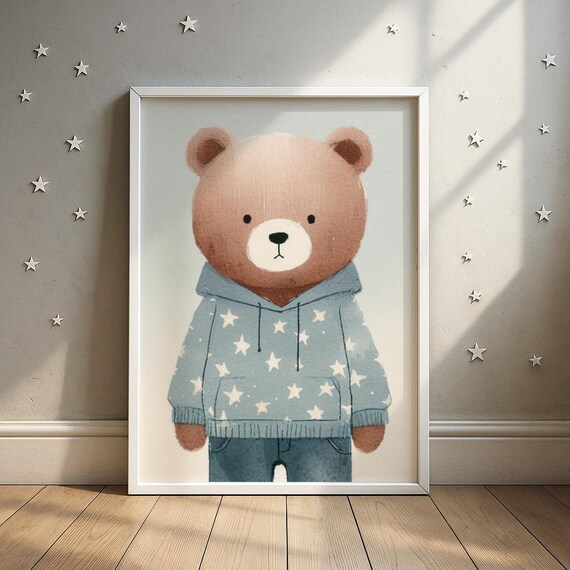 Cute Brown Bear in a Cozy Blue Star Hoodie Kids Room Wall Art