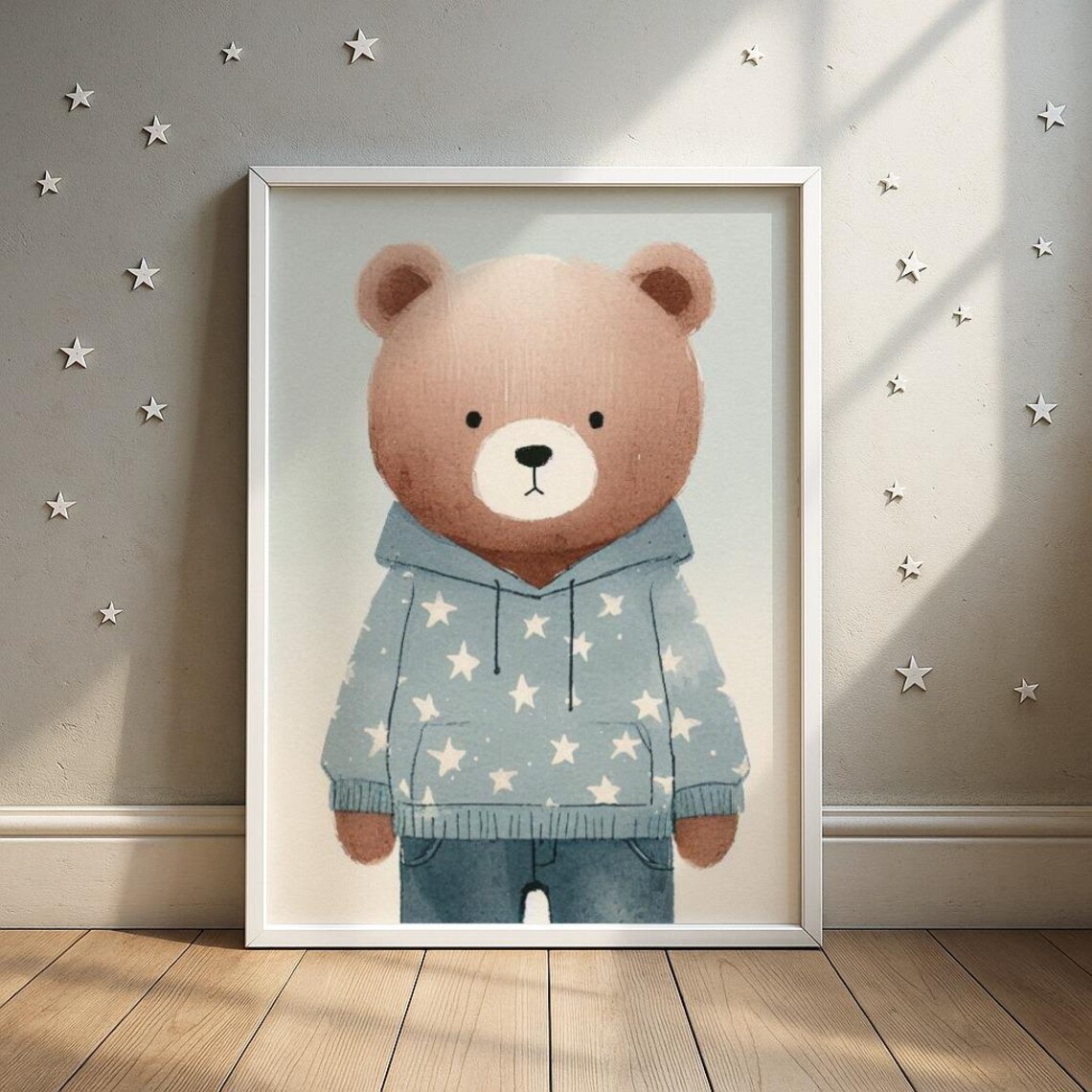 Cute Brown Bear in a Cozy Blue Star Hoodie Kids Room Wall Art